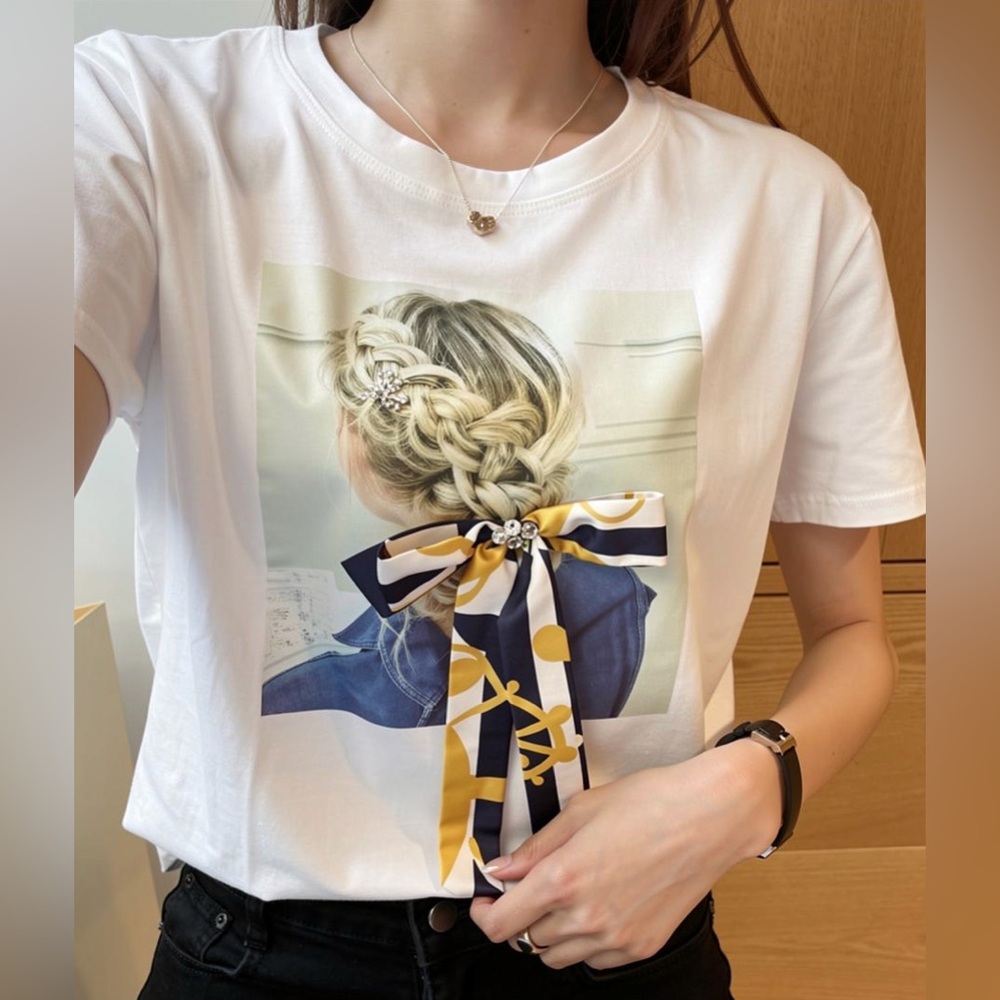 NESS White Graphic T-Shirt with 3D Fabric Bow Accent